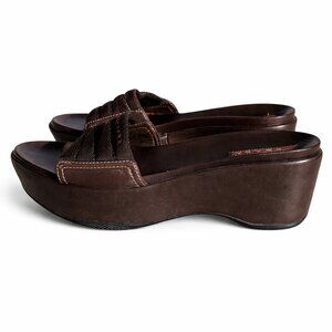 Prada Women's Brown Patent Leather Canvas Platform Slides Sandals, 37 / 6.5